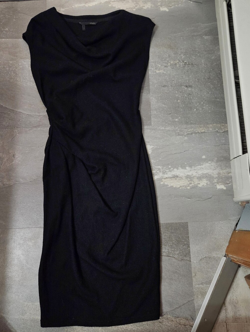 Obakki Black Sheath Midi Dress. Everyday Elegance. Draped Cowl Neck. Wool. 2 US.